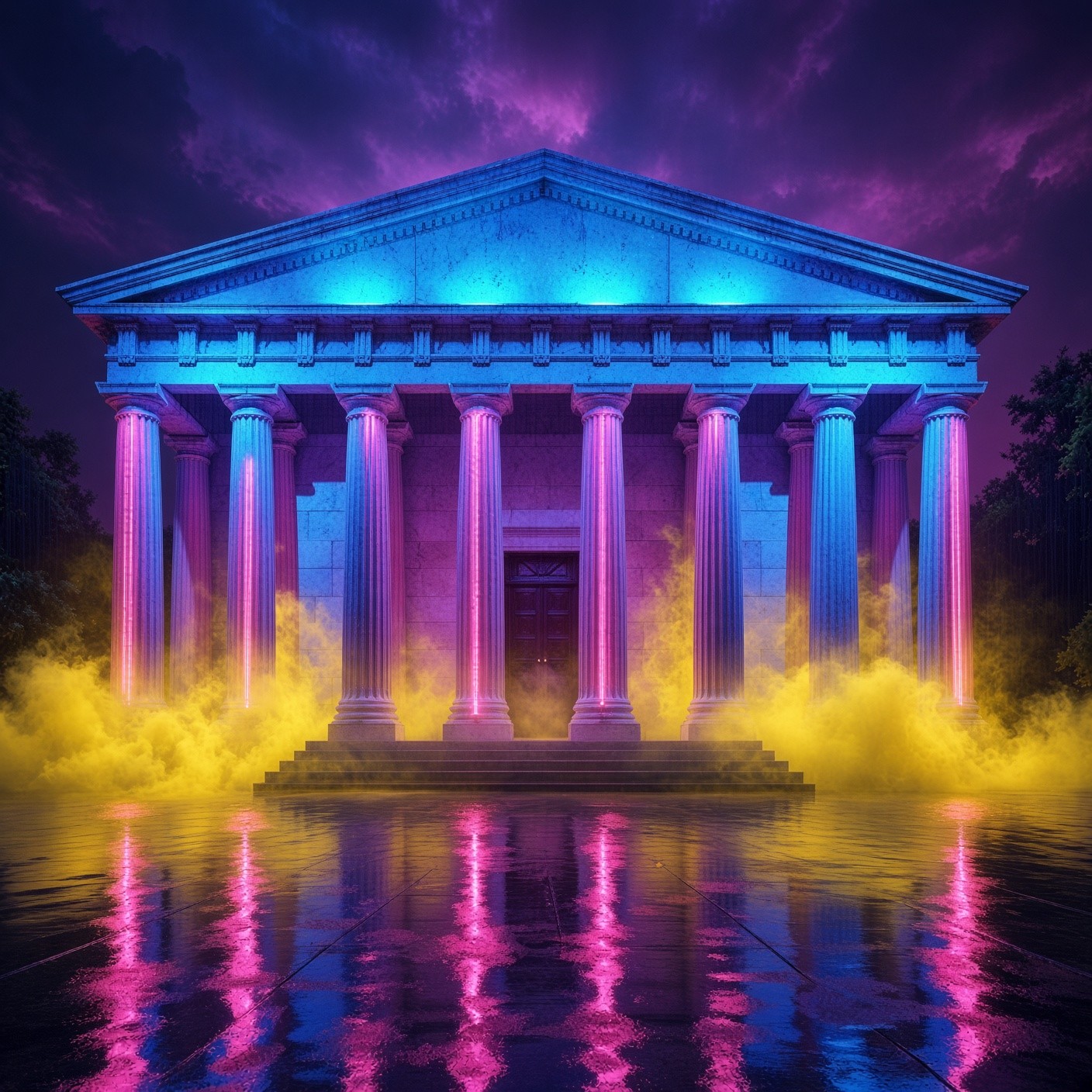 Neon temple with cyan columns and yellow fog