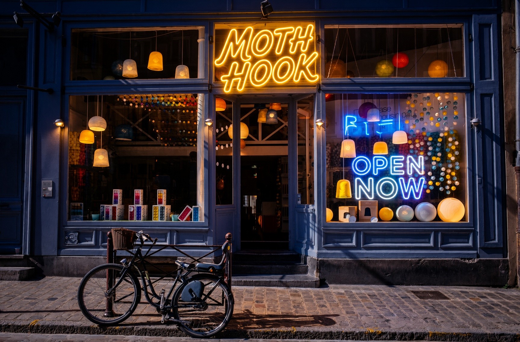 Moth Hook shopfront with an open now neon sign