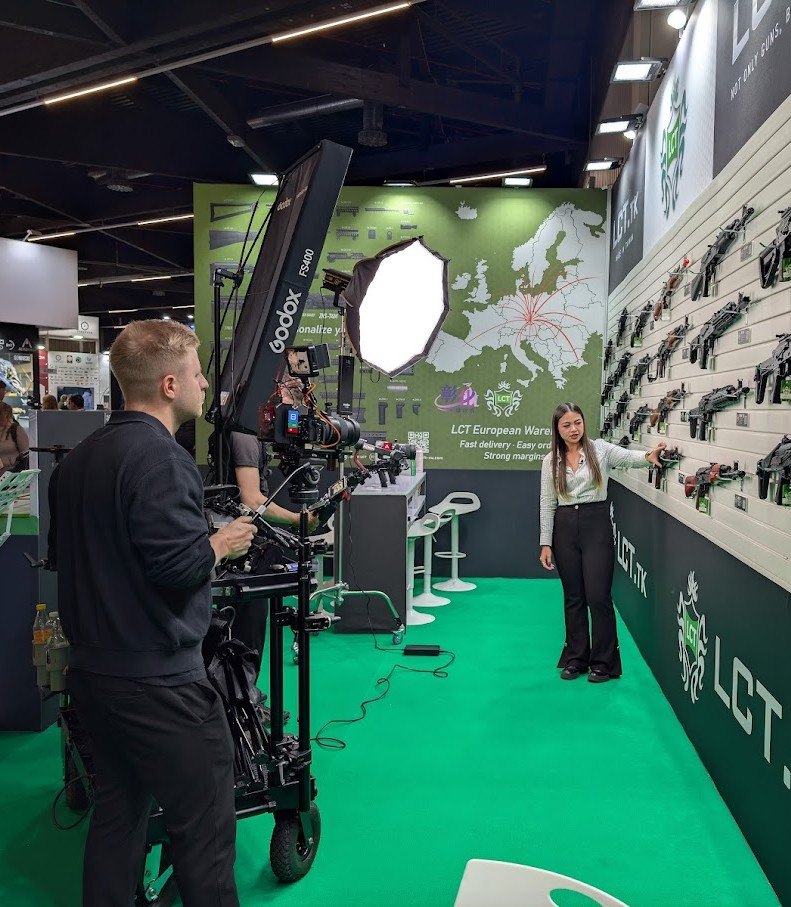 Crew filming a presenter on set